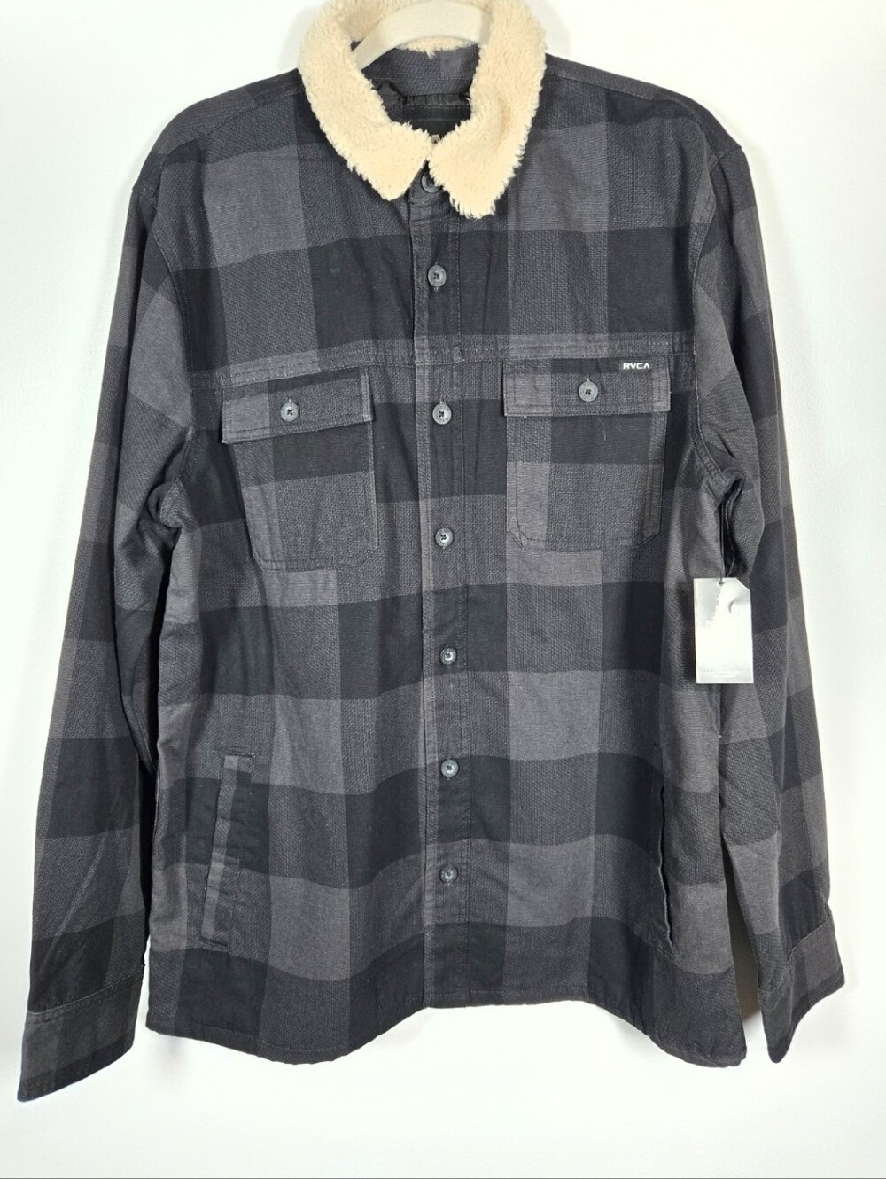 NEW RVCA Black Gray Plaid Faux Sherpa Collar Range Jacket Shacket Size Large